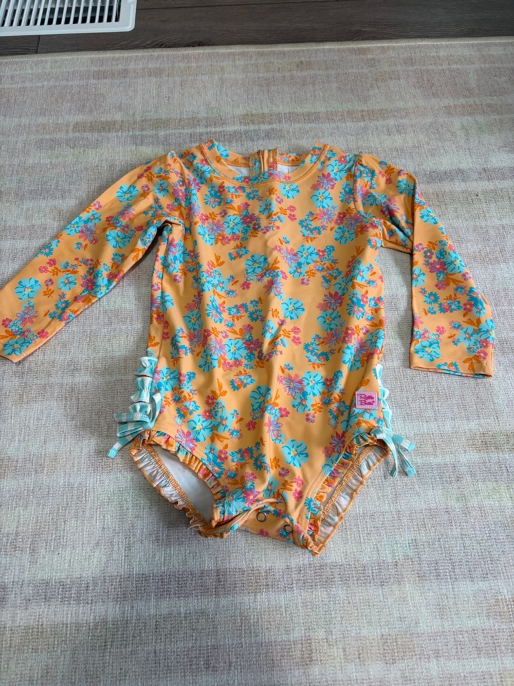 Ruffle Butts Orange Floral Long-Sleeve One-Piece Swimsuit with Aqua Accents